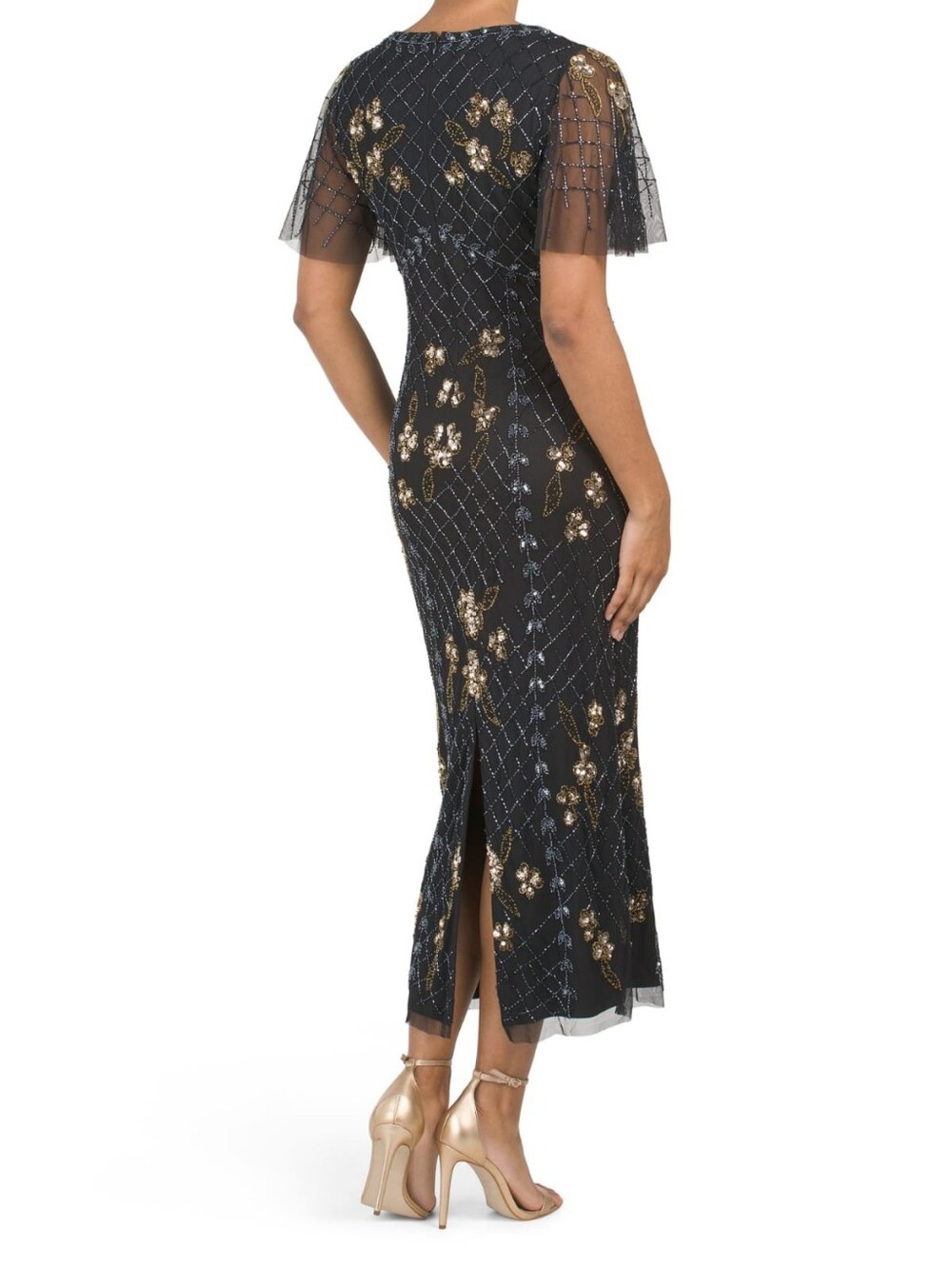 Adrianna papell Embellished Mesh V-Neck Midi Dress - Picture 7 of 9